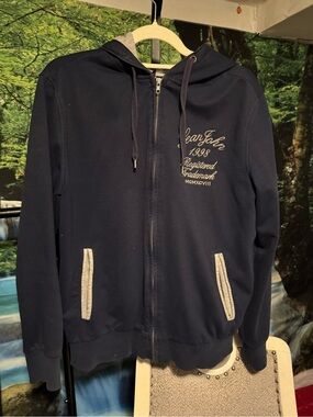 Vintage Sean Jean Navy Zip-Up Hoodie with Embroidered Chest Script